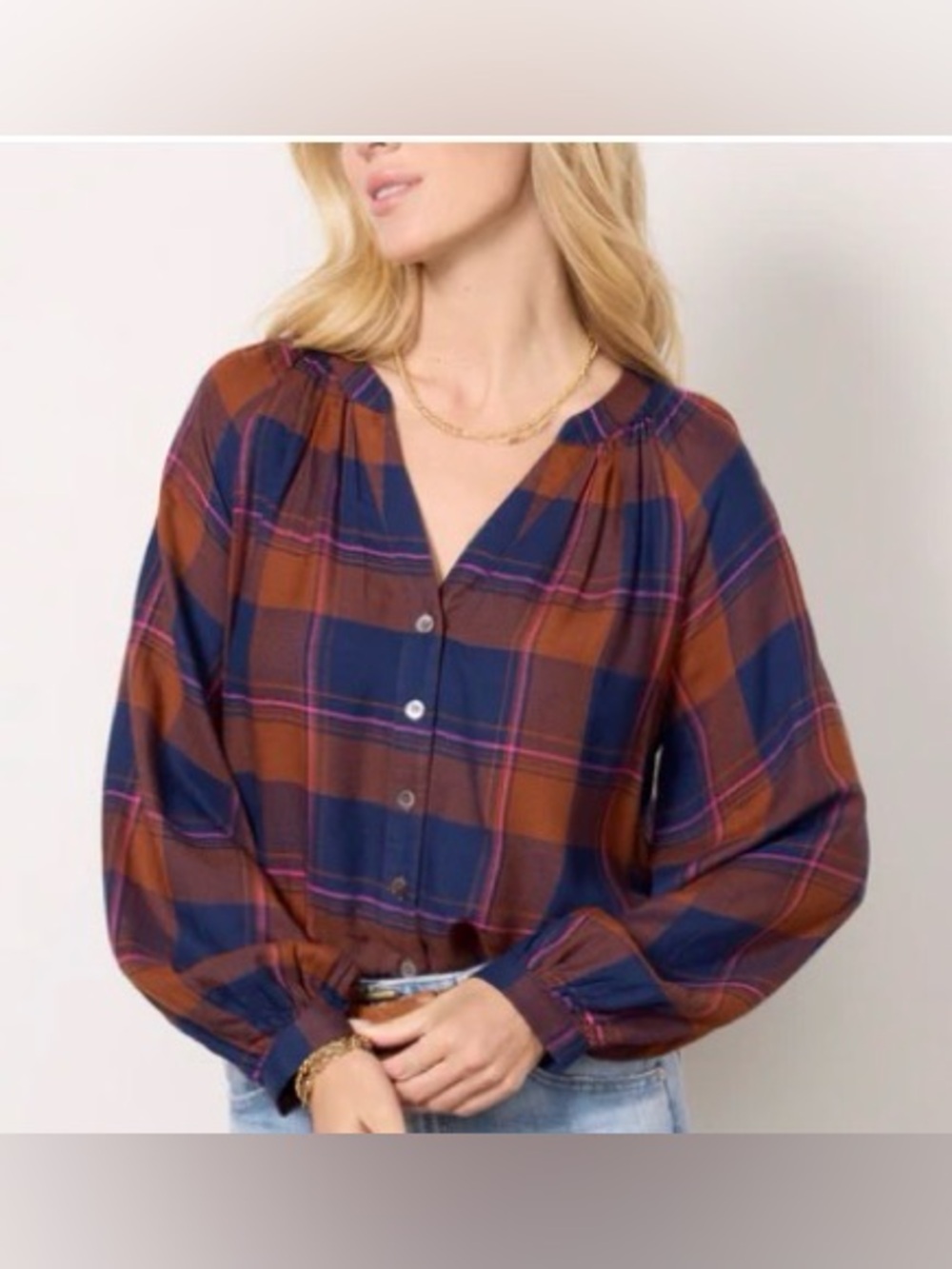EVEREVE Split Neck Plaid Blouse XS Blue Brown Purple Long Sleeve Button Front XS